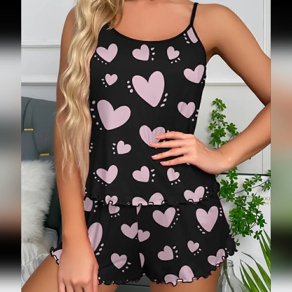 Black and Pink Heart Print Pajama Set Sleeveless Stretch XL